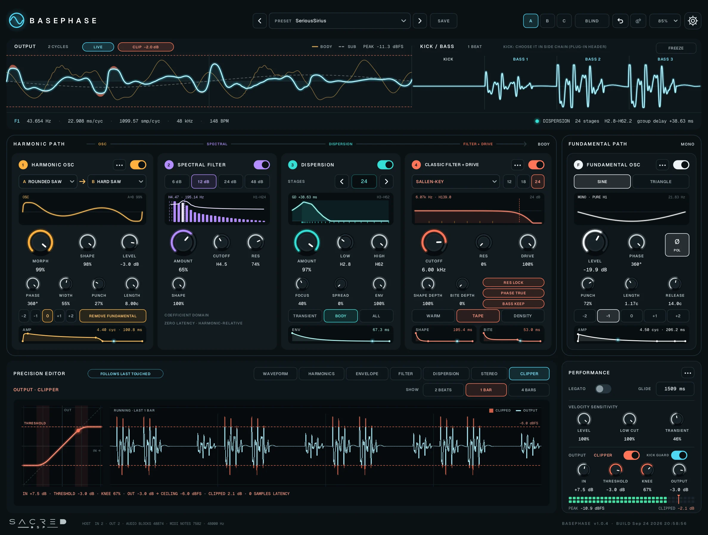 BasePhase synthesizer interface preview: output and kick/bass scopes, harmonic path, fundamental path, precision editor and performance controls
