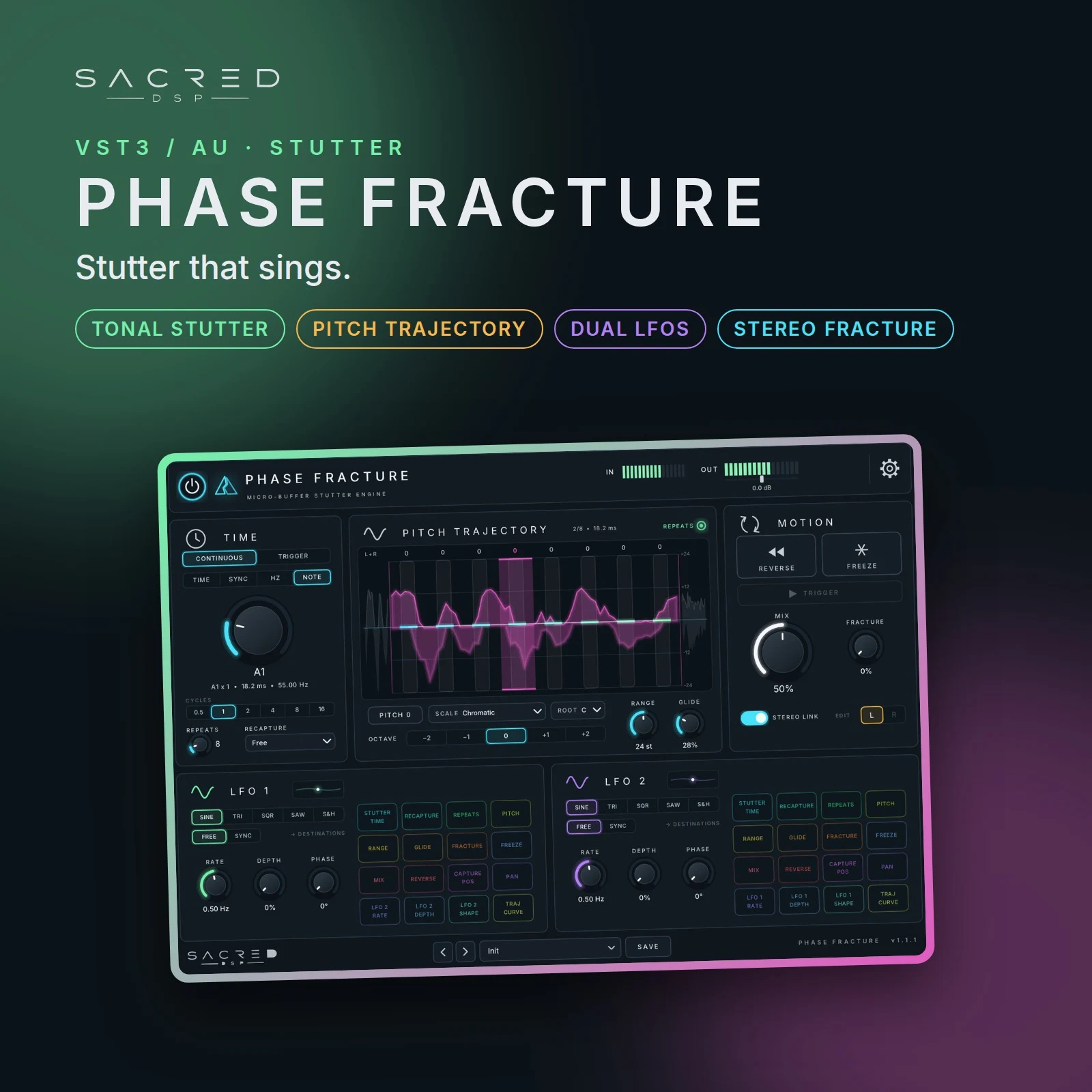 Phase Fracture by SACRED DSP, stutter that sings. Plugin interface: time, pitch trajectory, motion, LFO 1 and LFO 2 sections
